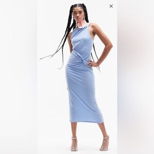 ASOS DESIGN twisted high neck mesh midi dress in pale blue